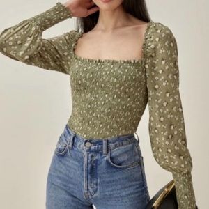 Reformation Green Floral Smocked Shirred Pinto Long Sleeve Ruched Top Blouse L